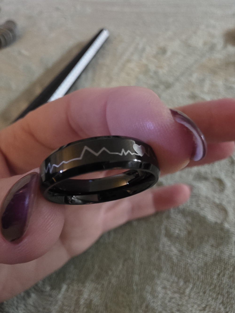 Black Stainless Steel Ring with Heartbeat Engraving. Size 10 See Pics - Picture 4 of 7